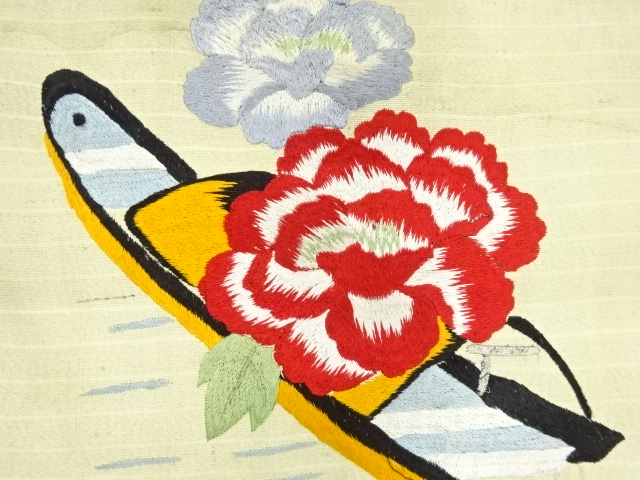 JAPANESE KIMONO / ANTIQUE BOLT FOR NAGOYA OBI / EMBROIDERY / FLOWER